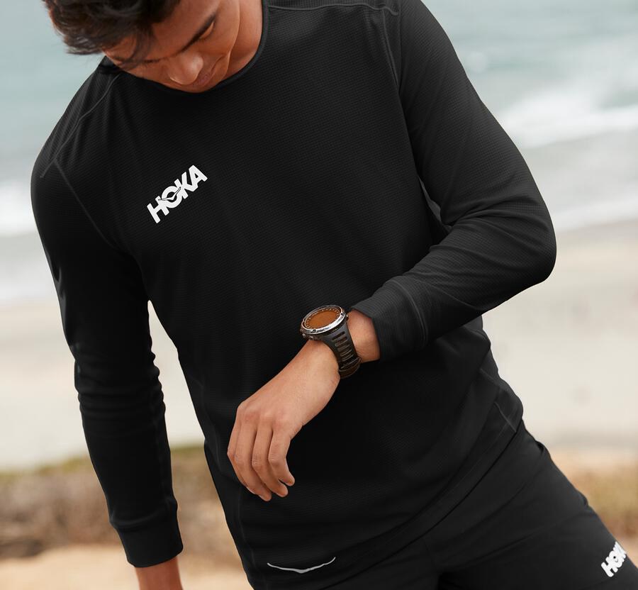 Tops Mens - Hoka One One Performance 3/4 Sleeve - Black - SIUEOWQ-35